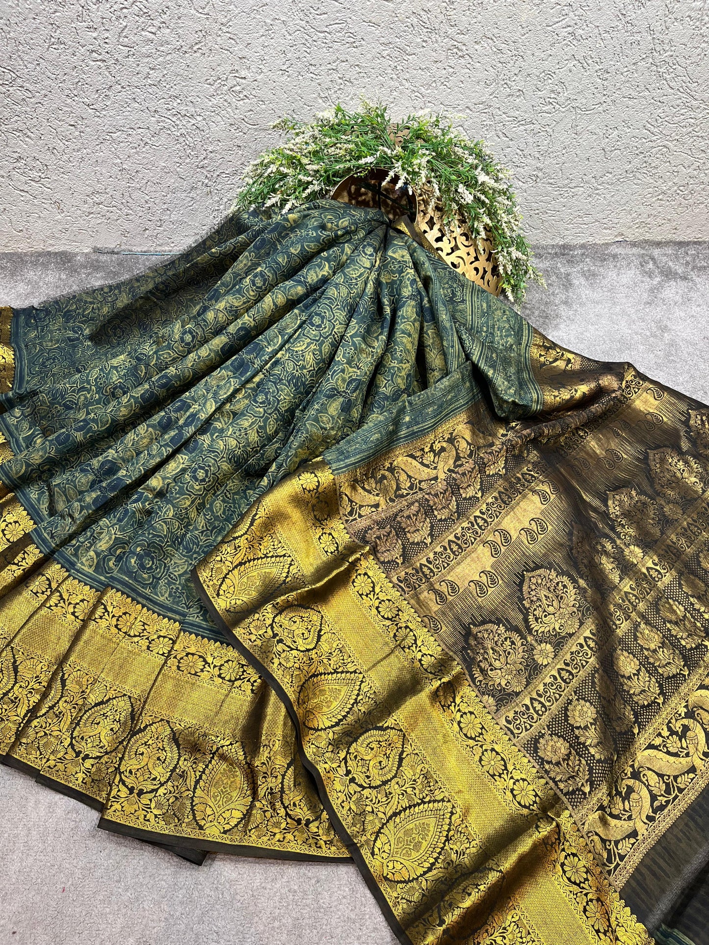 OLIVE GREEN KANJIVARAM SILK PURE HANDLOOM AJRAKH HANDBLOCK PRINT NATURAL DYE