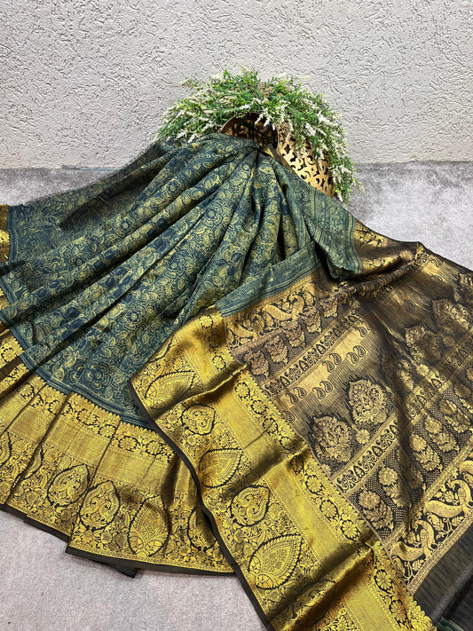 OLIVE GREEN KANJIVARAM SILK PURE HANDLOOM AJRAKH HANDBLOCK PRINT NATURAL DYE
