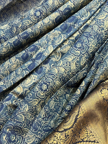 OLIVE GREEN KANJIVARAM SILK PURE HANDLOOM AJRAKH HANDBLOCK PRINT NATURAL DYE
