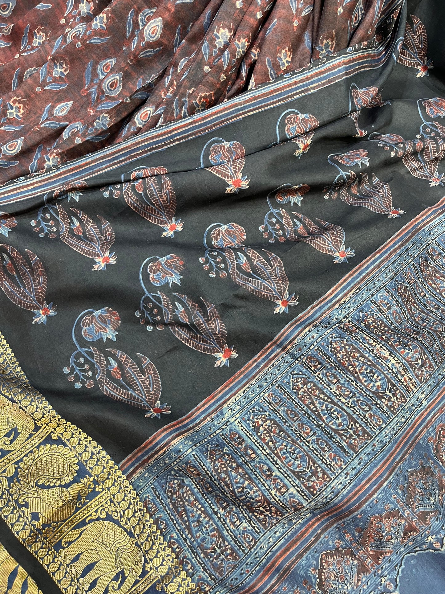 EARTHY MAROON  KANJIVARAM SILK PURE HANDLOOM AJRAKH HANDBLOCK PRINT NATURAL DYE