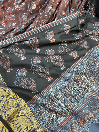 EARTHY MAROON  KANJIVARAM SILK PURE HANDLOOM AJRAKH HANDBLOCK PRINT NATURAL DYE