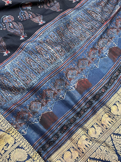 EARTHY MAROON  KANJIVARAM SILK PURE HANDLOOM AJRAKH HANDBLOCK PRINT NATURAL DYE