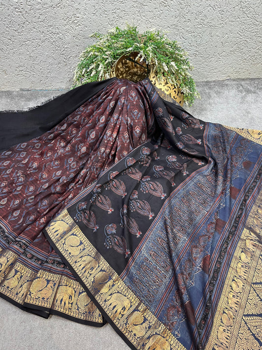 EARTHY MAROON  KANJIVARAM SILK PURE HANDLOOM AJRAKH HANDBLOCK PRINT NATURAL DYE