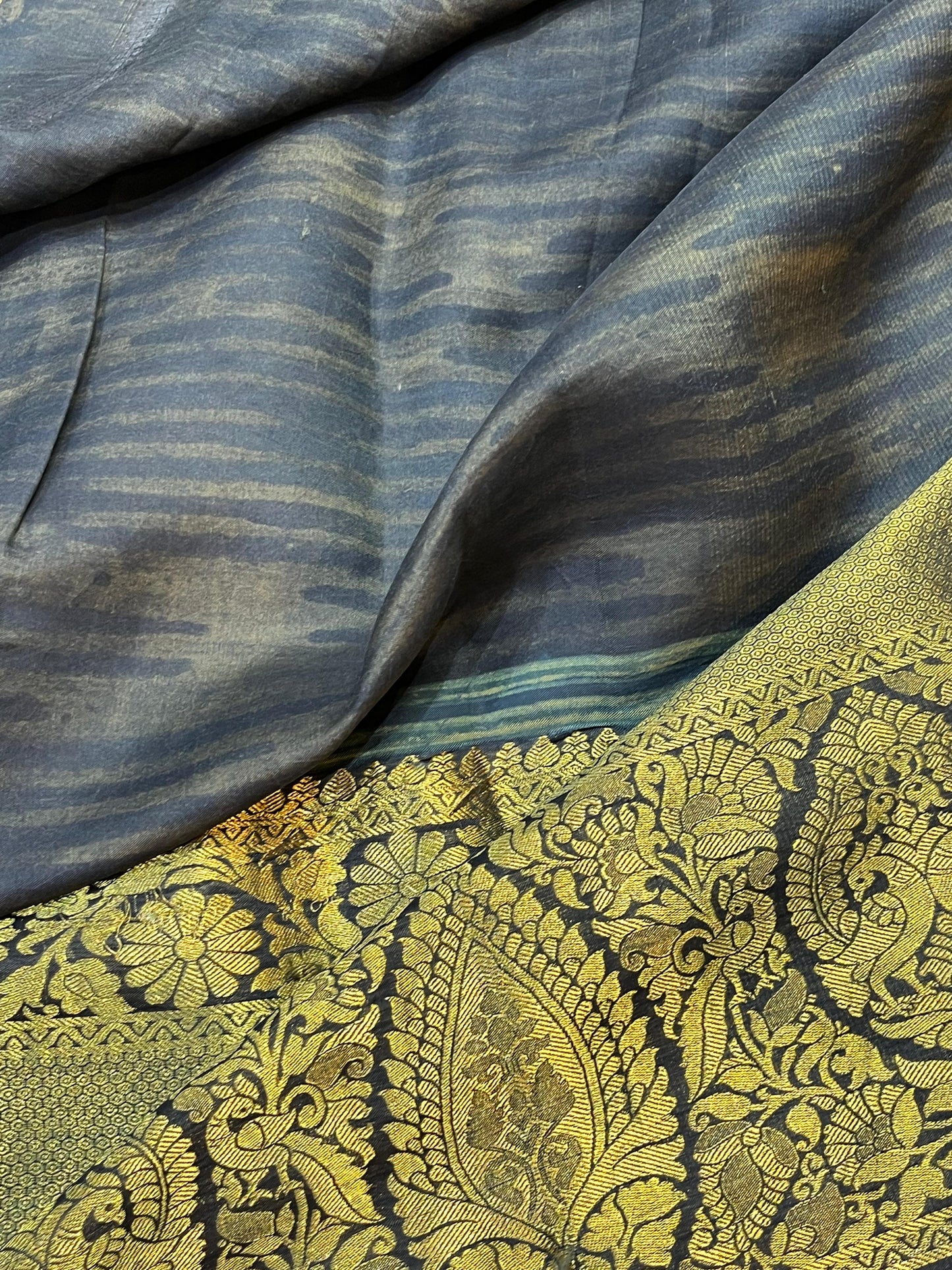 OLIVE GREEN KANJIVARAM SILK PURE HANDLOOM AJRAKH HANDBLOCK PRINT NATURAL DYE