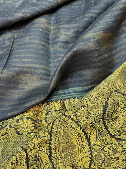 OLIVE GREEN KANJIVARAM SILK PURE HANDLOOM AJRAKH HANDBLOCK PRINT NATURAL DYE