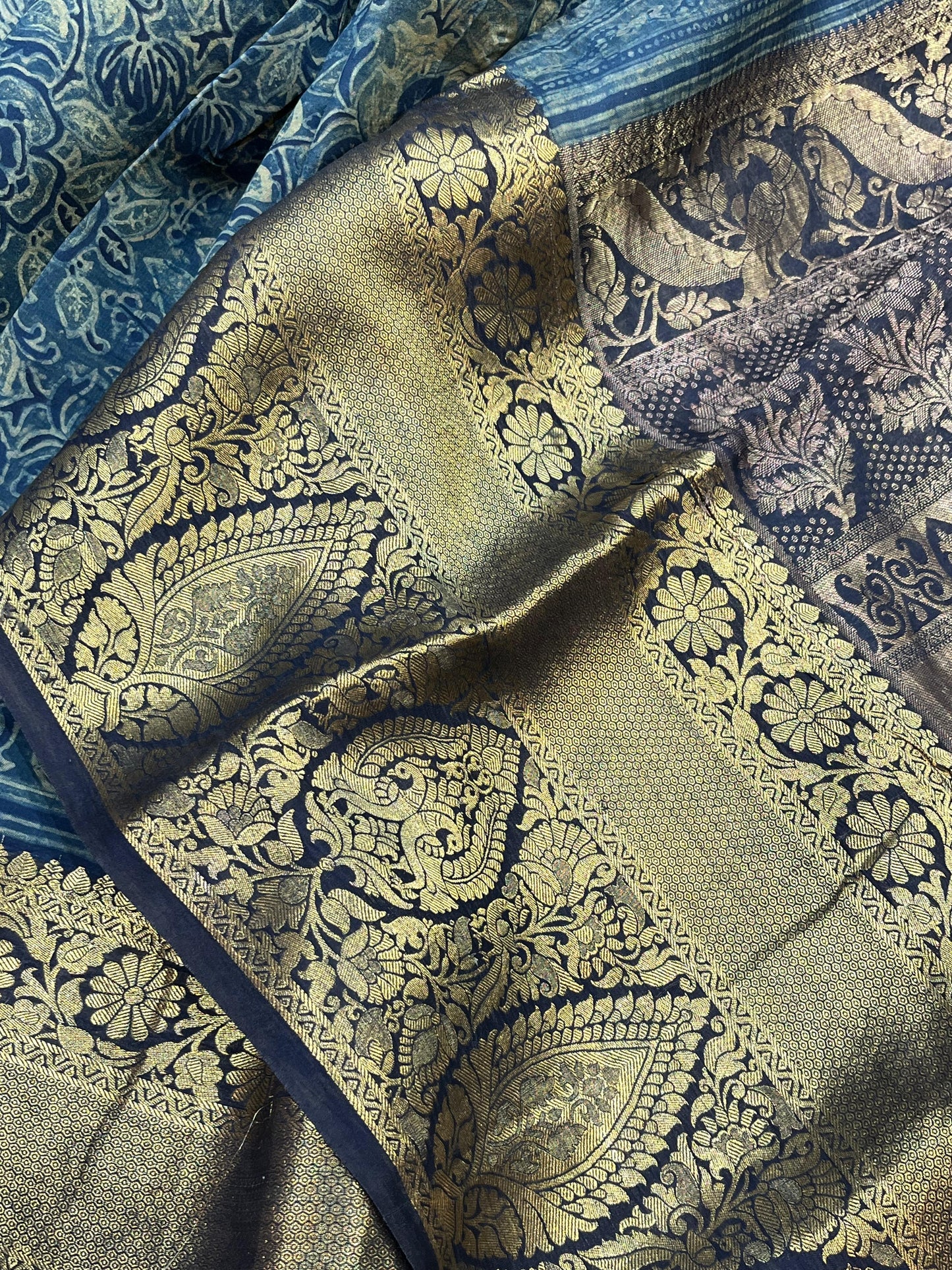 OLIVE GREEN KANJIVARAM SILK PURE HANDLOOM AJRAKH HANDBLOCK PRINT NATURAL DYE