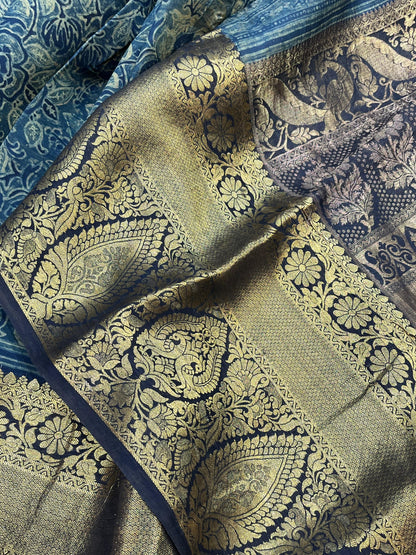 OLIVE GREEN KANJIVARAM SILK PURE HANDLOOM AJRAKH HANDBLOCK PRINT NATURAL DYE