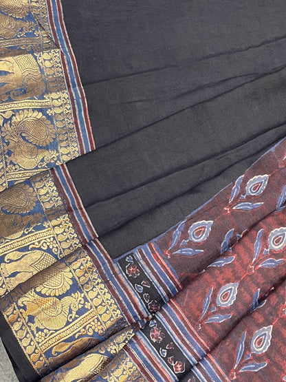 EARTHY MAROON  KANJIVARAM SILK PURE HANDLOOM AJRAKH HANDBLOCK PRINT NATURAL DYE