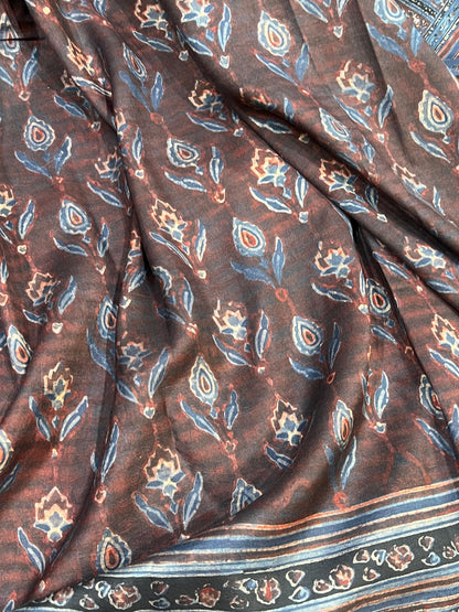 EARTHY MAROON  KANJIVARAM SILK PURE HANDLOOM AJRAKH HANDBLOCK PRINT NATURAL DYE