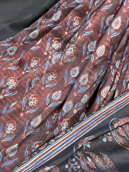 EARTHY MAROON  KANJIVARAM SILK PURE HANDLOOM AJRAKH HANDBLOCK PRINT NATURAL DYE