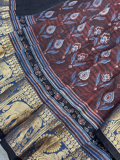 EARTHY MAROON  KANJIVARAM SILK PURE HANDLOOM AJRAKH HANDBLOCK PRINT NATURAL DYE