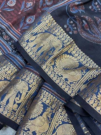 EARTHY MAROON  KANJIVARAM SILK PURE HANDLOOM AJRAKH HANDBLOCK PRINT NATURAL DYE