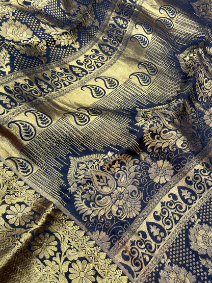OLIVE GREEN KANJIVARAM SILK PURE HANDLOOM AJRAKH HANDBLOCK PRINT NATURAL DYE