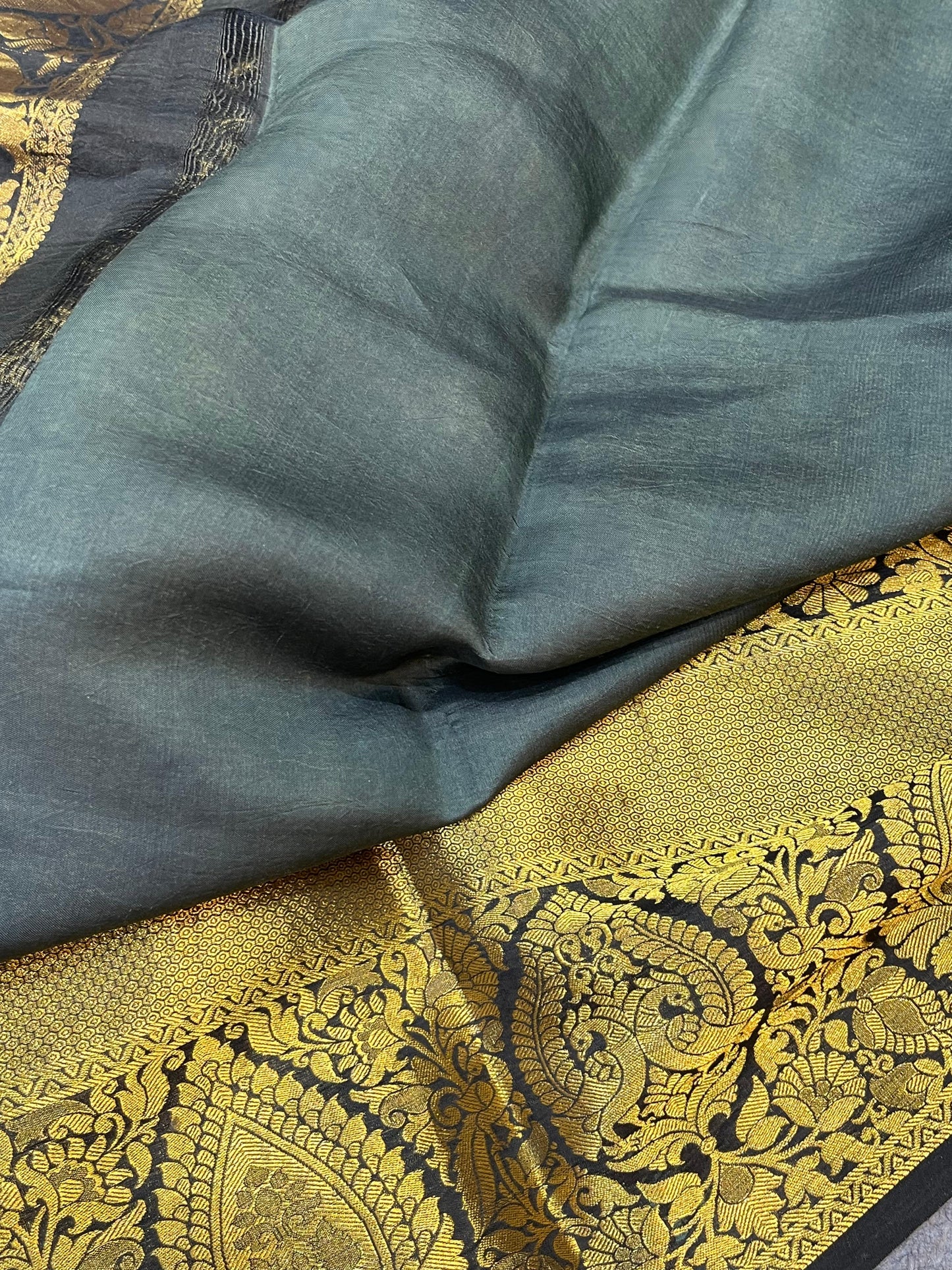 OLIVE GREEN KANJIVARAM SILK PURE HANDLOOM AJRAKH HANDBLOCK PRINT NATURAL DYE