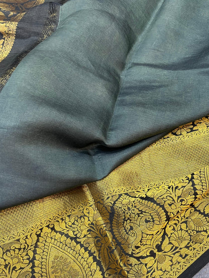 OLIVE GREEN KANJIVARAM SILK PURE HANDLOOM AJRAKH HANDBLOCK PRINT NATURAL DYE