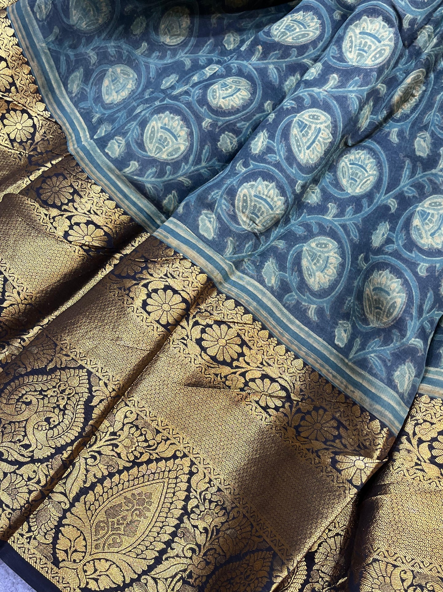 OLIVE GREEN KANJIVARAM SILK PURE HANDLOOM AJRAKH HANDBLOCK PRINT NATURAL DYE