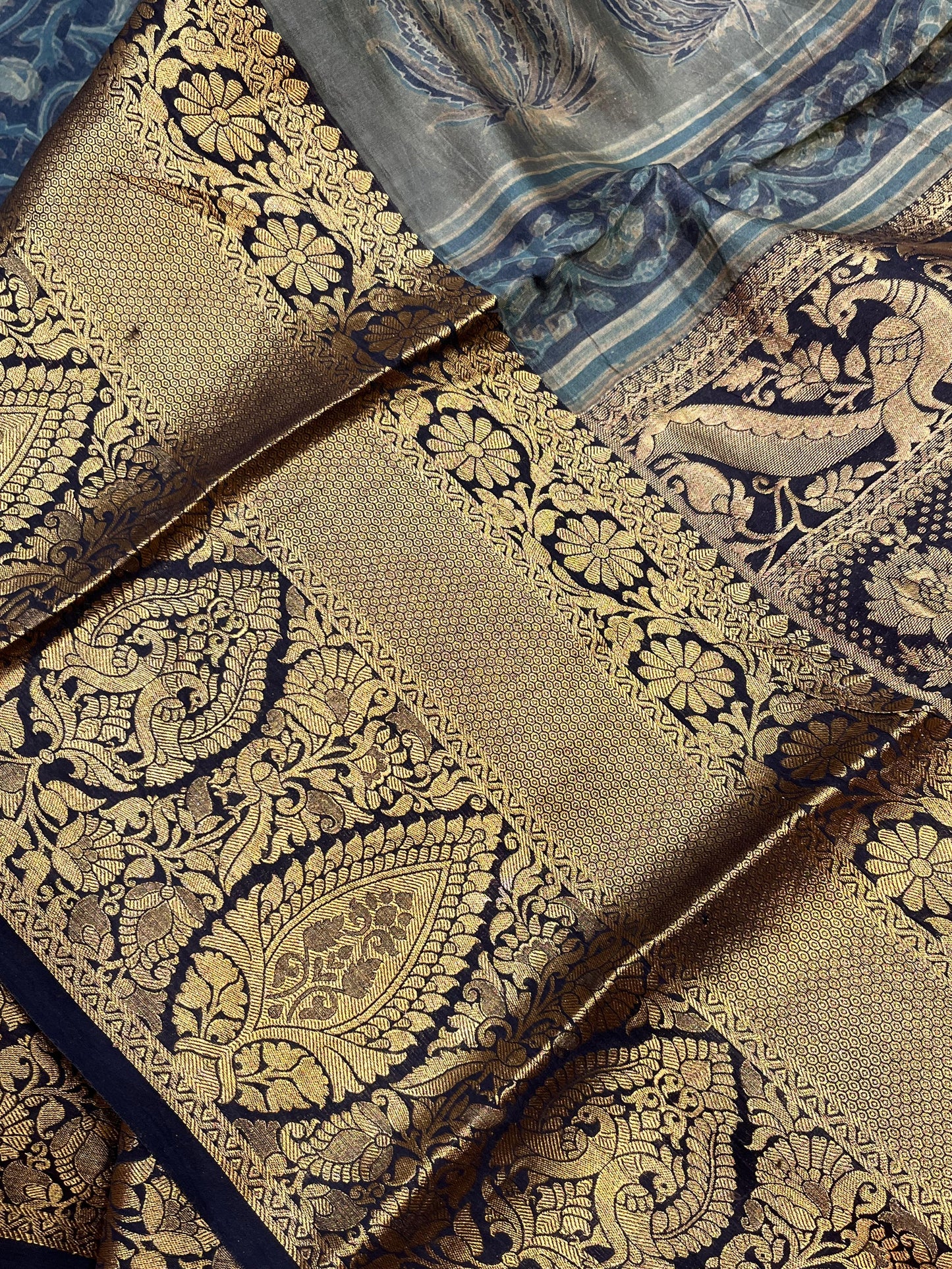 OLIVE GREEN KANJIVARAM SILK PURE HANDLOOM AJRAKH HANDBLOCK PRINT NATURAL DYE