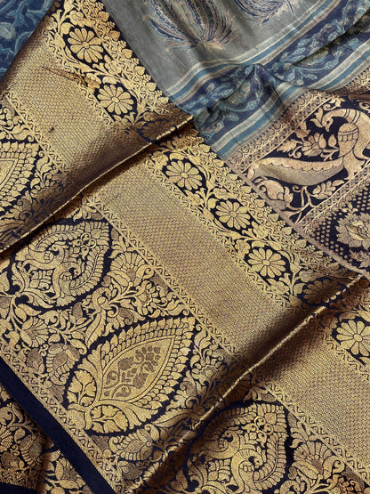 OLIVE GREEN KANJIVARAM SILK PURE HANDLOOM AJRAKH HANDBLOCK PRINT NATURAL DYE