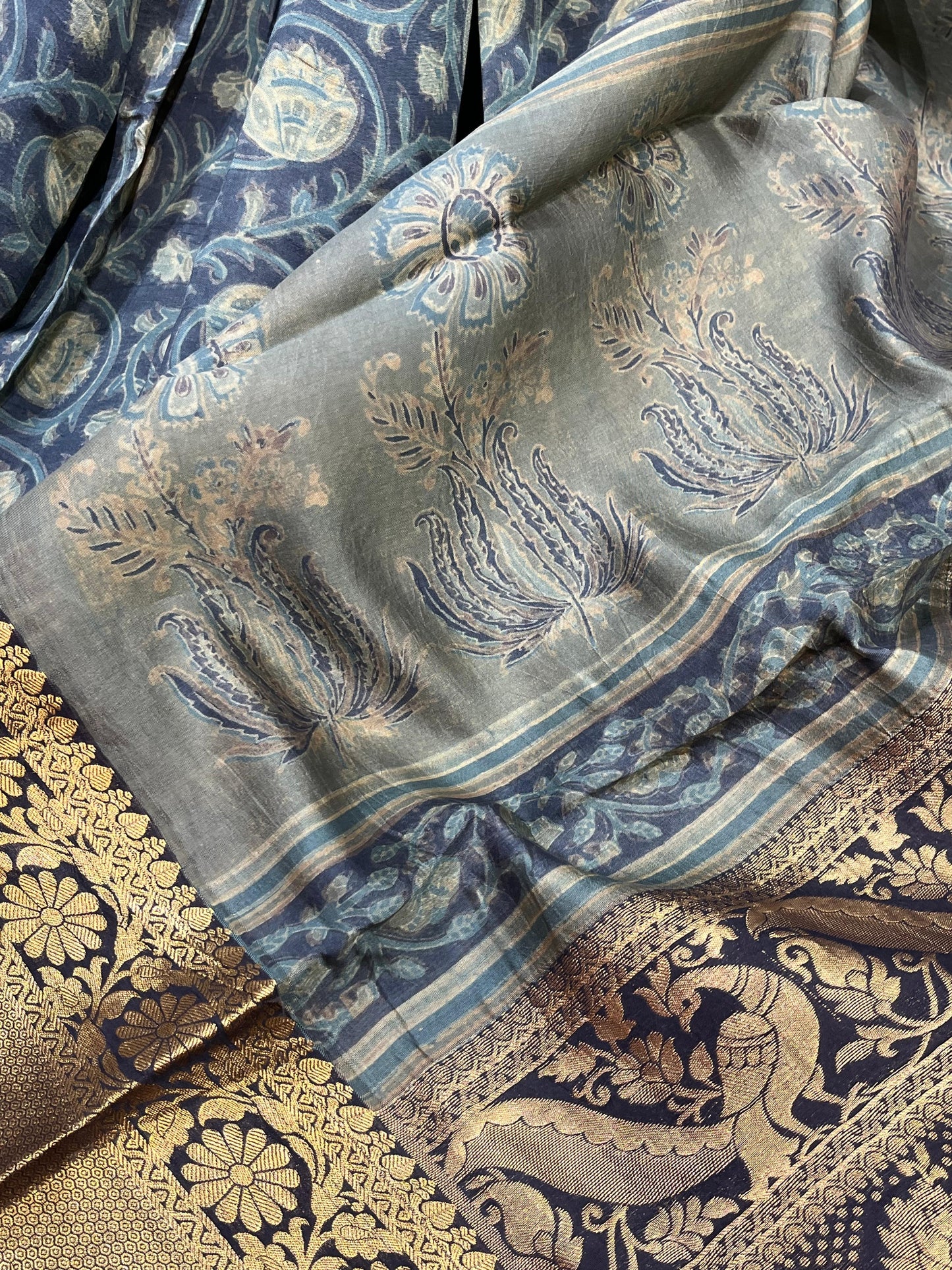 OLIVE GREEN KANJIVARAM SILK PURE HANDLOOM AJRAKH HANDBLOCK PRINT NATURAL DYE