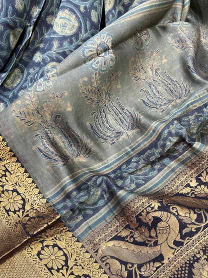 OLIVE GREEN KANJIVARAM SILK PURE HANDLOOM AJRAKH HANDBLOCK PRINT NATURAL DYE