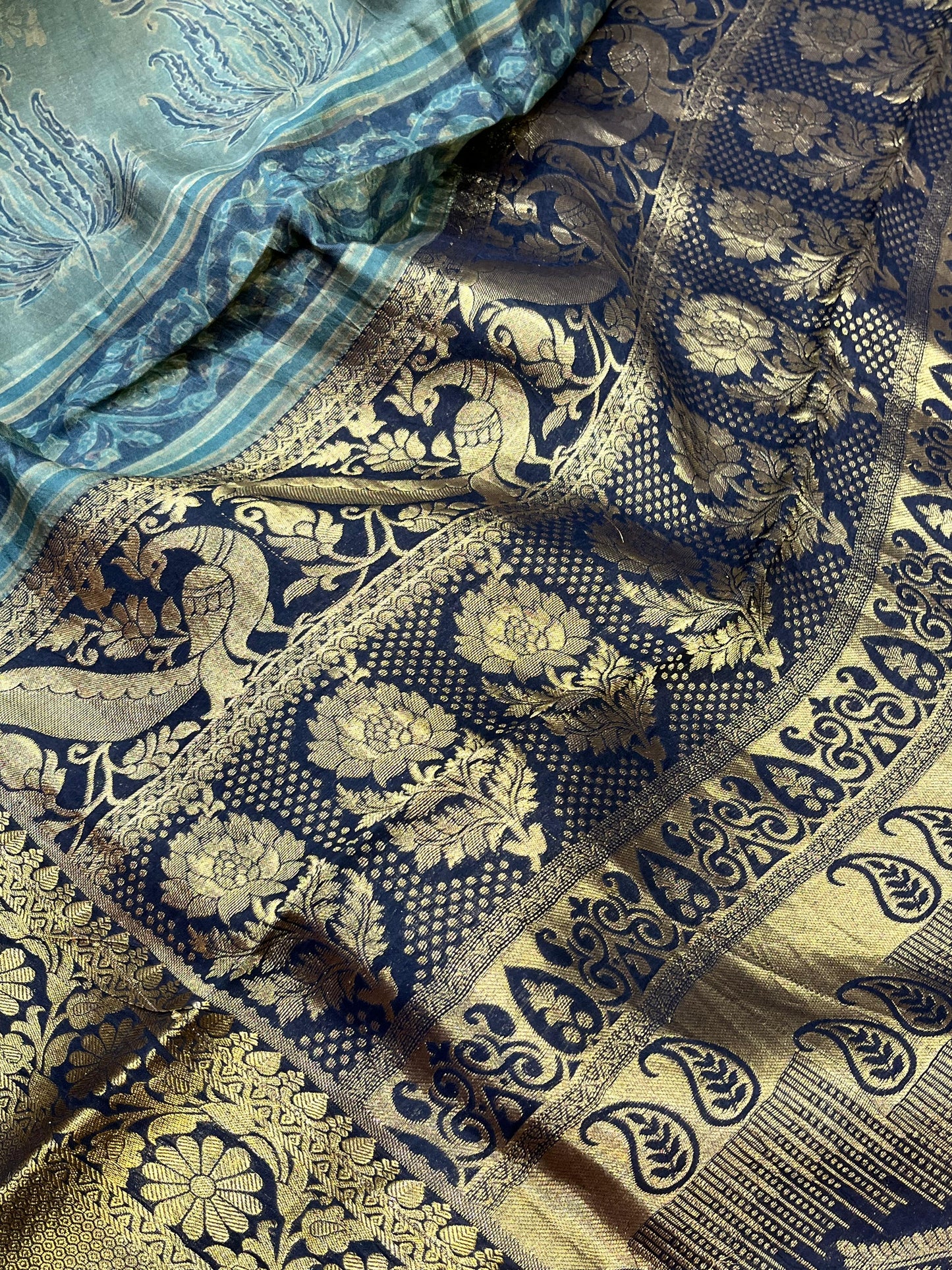 OLIVE GREEN KANJIVARAM SILK PURE HANDLOOM AJRAKH HANDBLOCK PRINT NATURAL DYE
