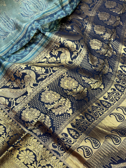 OLIVE GREEN KANJIVARAM SILK PURE HANDLOOM AJRAKH HANDBLOCK PRINT NATURAL DYE