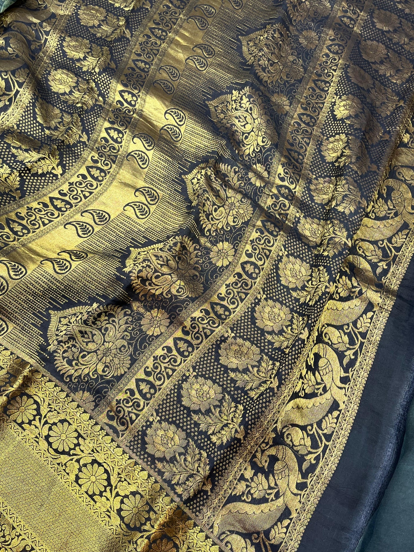 OLIVE GREEN KANJIVARAM SILK PURE HANDLOOM AJRAKH HANDBLOCK PRINT NATURAL DYE