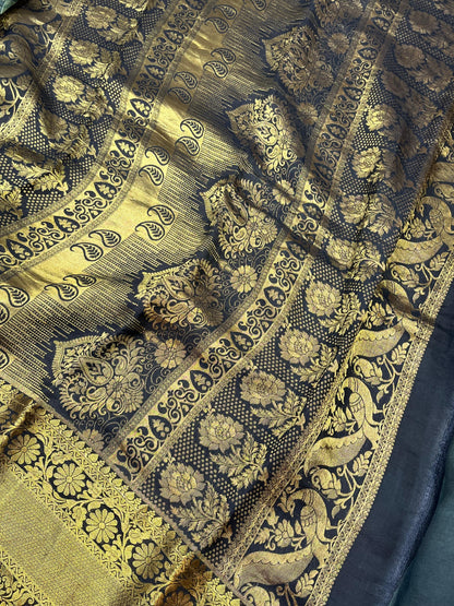 OLIVE GREEN KANJIVARAM SILK PURE HANDLOOM AJRAKH HANDBLOCK PRINT NATURAL DYE