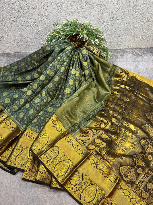 OLIVE GREEN KANJIVARAM SILK PURE HANDLOOM AJRAKH HANDBLOCK PRINT NATURAL DYE