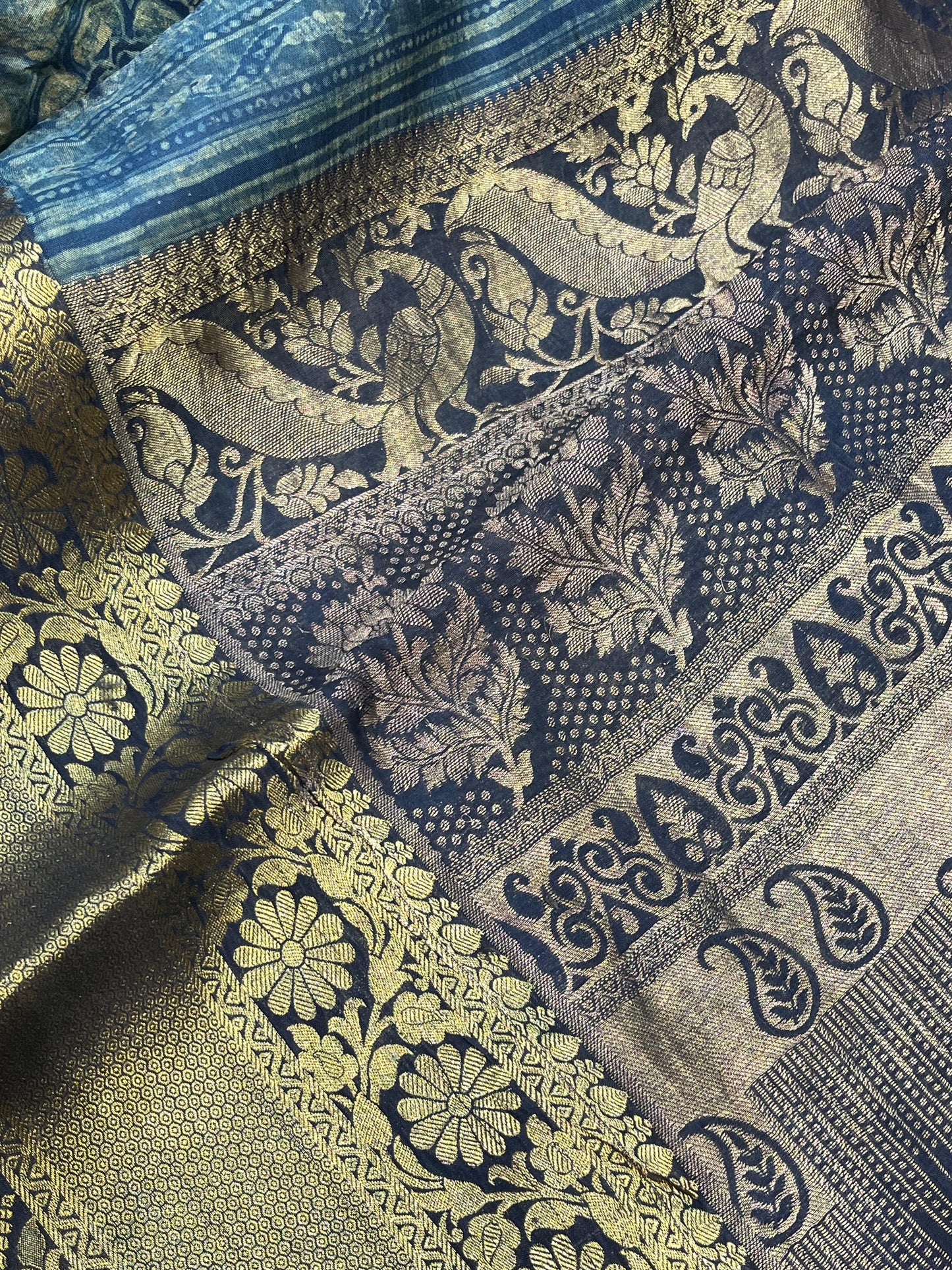 OLIVE GREEN KANJIVARAM SILK PURE HANDLOOM AJRAKH HANDBLOCK PRINT NATURAL DYE
