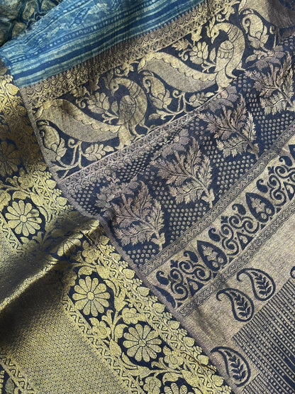 OLIVE GREEN KANJIVARAM SILK PURE HANDLOOM AJRAKH HANDBLOCK PRINT NATURAL DYE