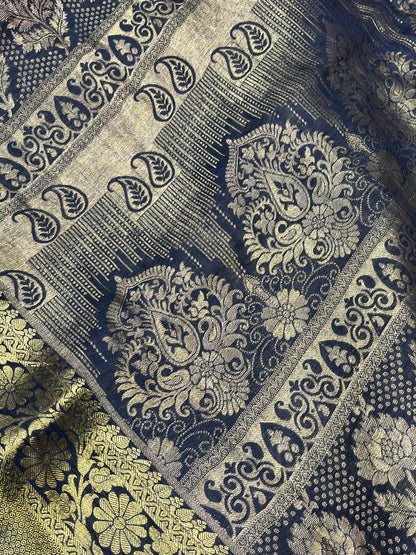 OLIVE GREEN KANJIVARAM SILK PURE HANDLOOM AJRAKH HANDBLOCK PRINT NATURAL DYE