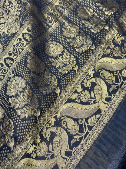 OLIVE GREEN KANJIVARAM SILK PURE HANDLOOM AJRAKH HANDBLOCK PRINT NATURAL DYE