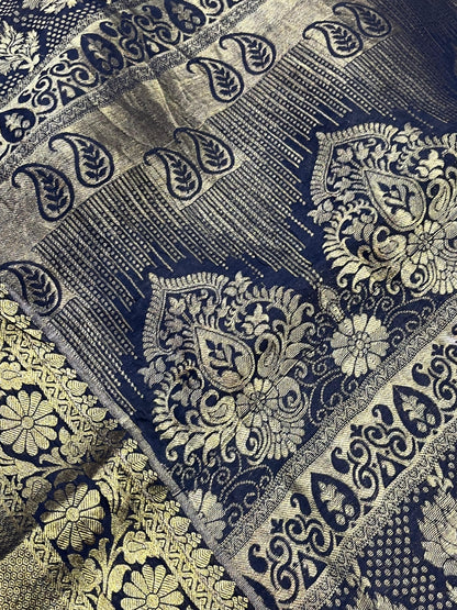DEEP BLACK KANJIVARAM SILK PURE HANDLOOM AJRAKH HANDBLOCK PRINT NATURAL DYE