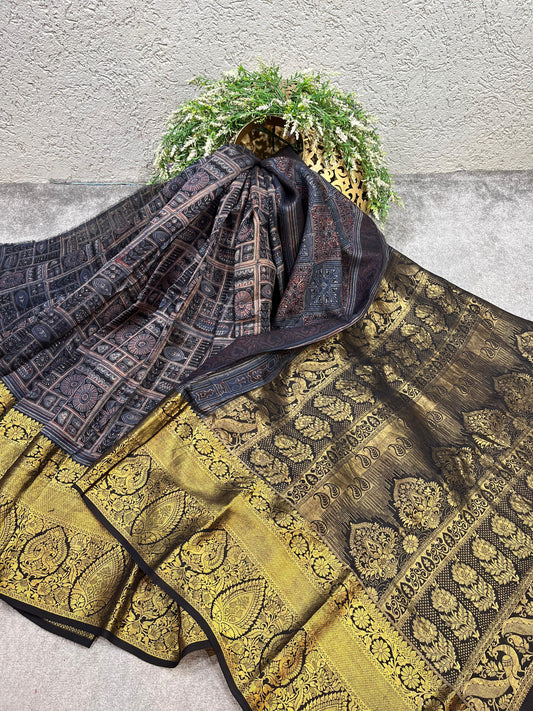 DEEP BLACK KANJIVARAM SILK PURE HANDLOOM AJRAKH HANDBLOCK PRINT NATURAL DYE