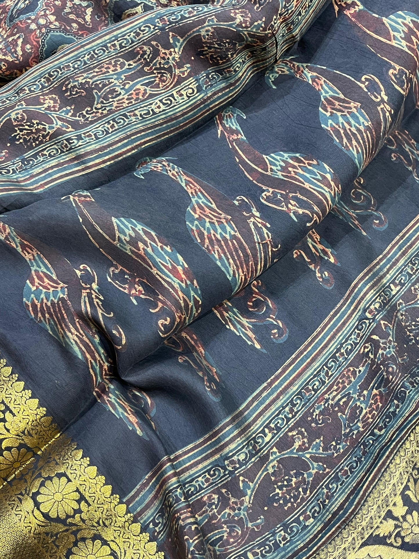 DEEP BLACK KANJIVARAM SILK PURE HANDLOOM AJRAKH HANDBLOCK PRINT NATURAL DYE