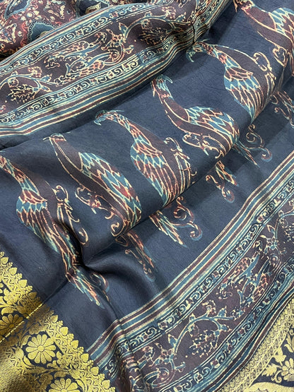 DEEP BLACK KANJIVARAM SILK PURE HANDLOOM AJRAKH HANDBLOCK PRINT NATURAL DYE
