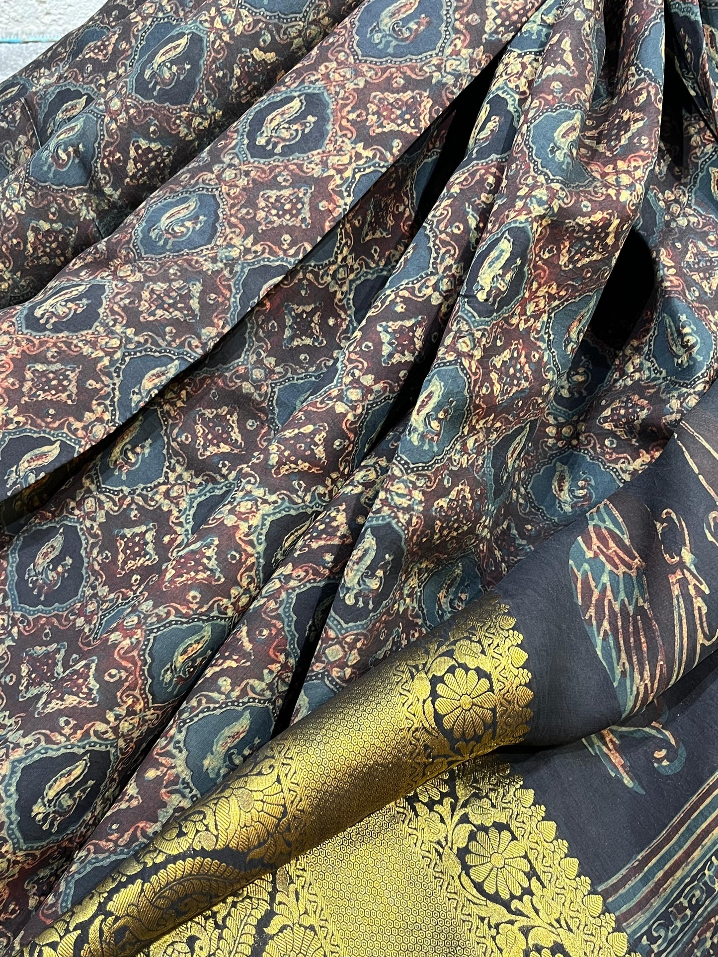 DEEP BLACK KANJIVARAM SILK PURE HANDLOOM AJRAKH HANDBLOCK PRINT NATURAL DYE