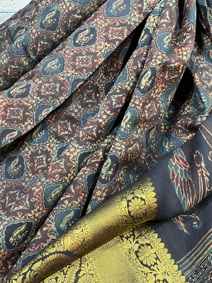 DEEP BLACK KANJIVARAM SILK PURE HANDLOOM AJRAKH HANDBLOCK PRINT NATURAL DYE