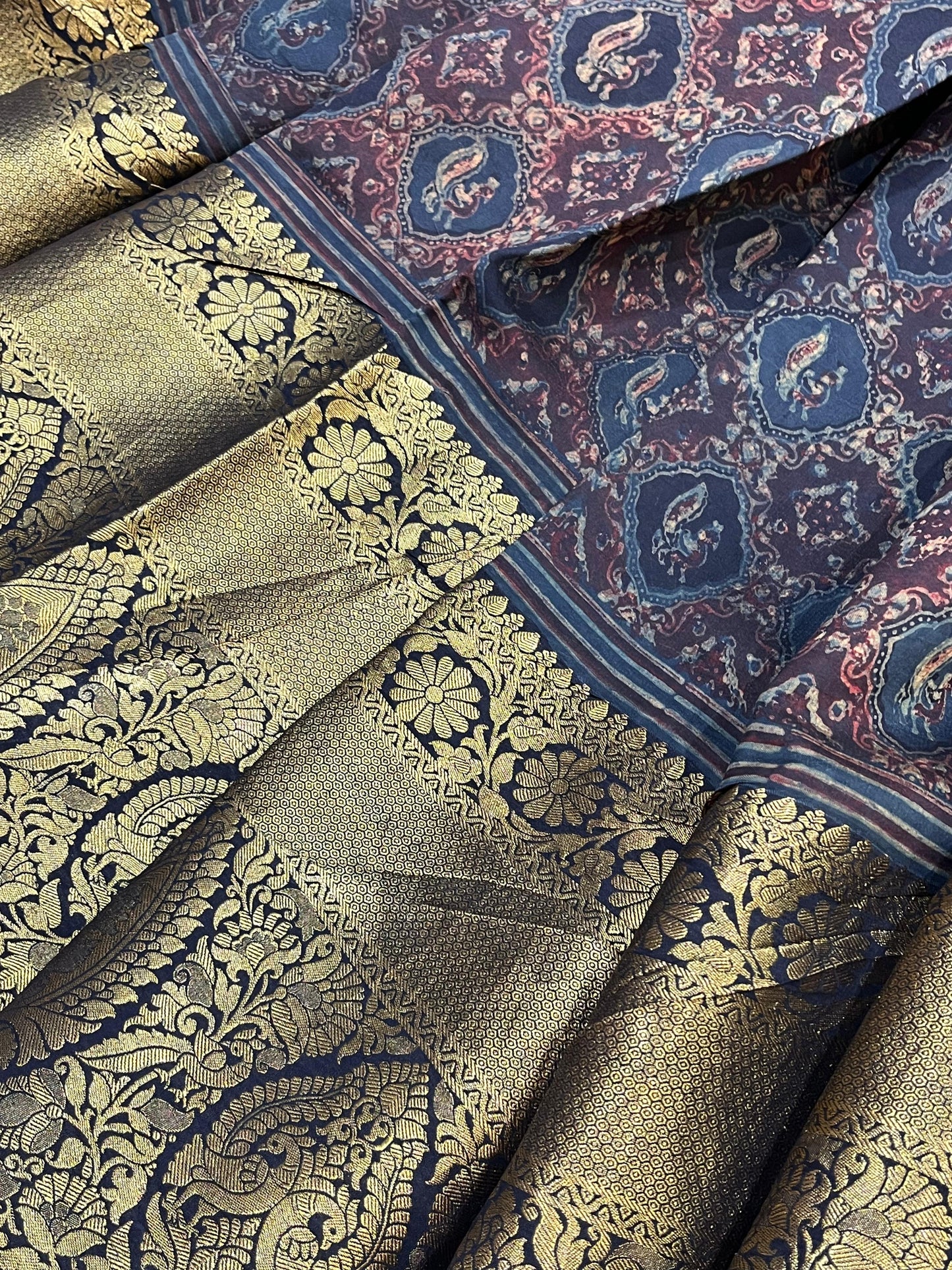 DEEP BLACK KANJIVARAM SILK PURE HANDLOOM AJRAKH HANDBLOCK PRINT NATURAL DYE