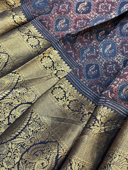 DEEP BLACK KANJIVARAM SILK PURE HANDLOOM AJRAKH HANDBLOCK PRINT NATURAL DYE