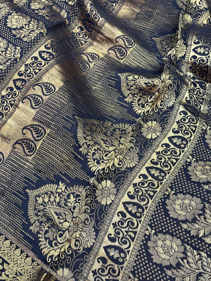 DEEP BLACK KANJIVARAM SILK PURE HANDLOOM AJRAKH HANDBLOCK PRINT NATURAL DYE