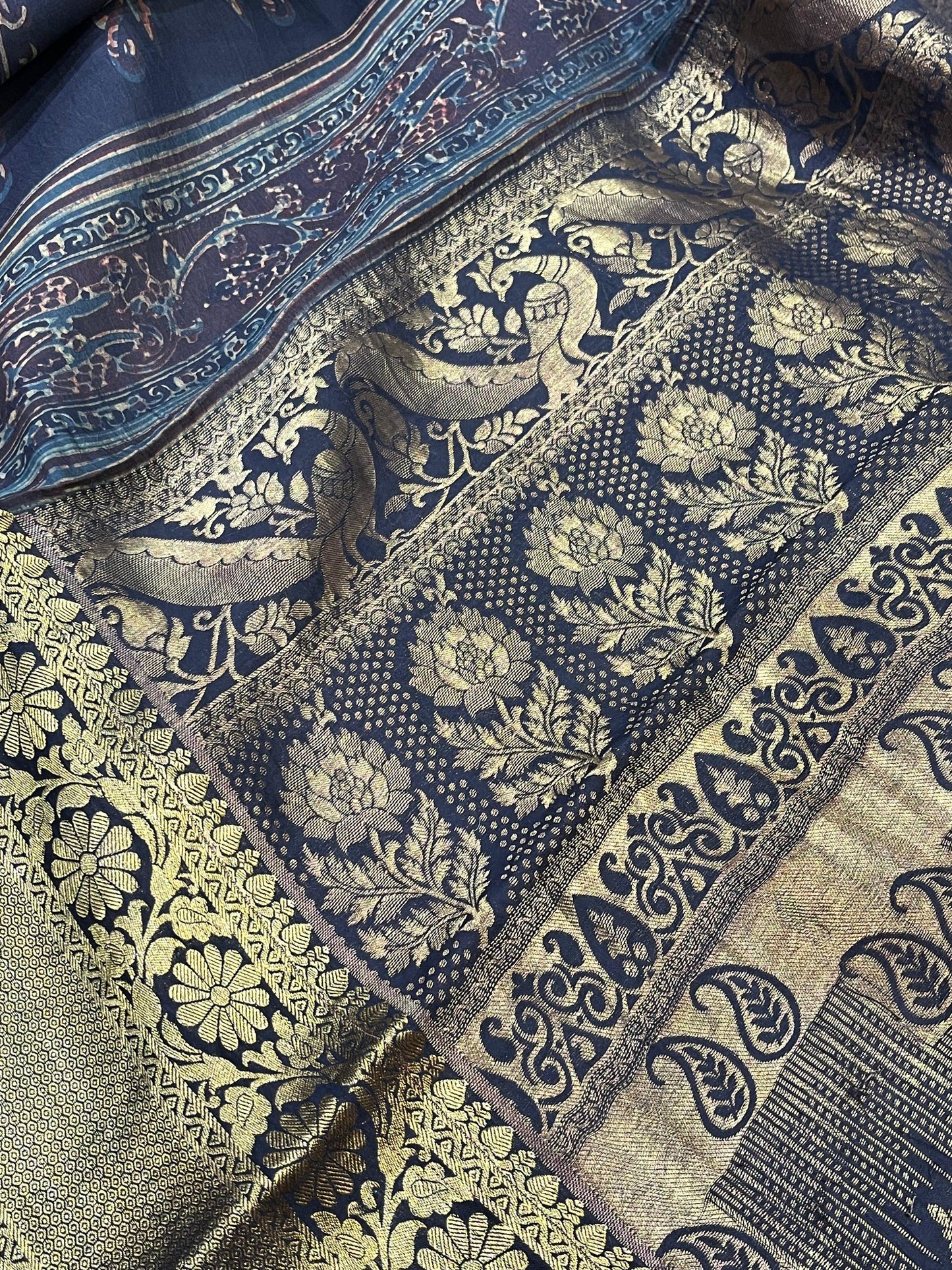 DEEP BLACK KANJIVARAM SILK PURE HANDLOOM AJRAKH HANDBLOCK PRINT NATURAL DYE