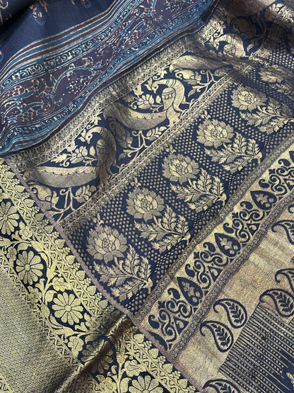 DEEP BLACK KANJIVARAM SILK PURE HANDLOOM AJRAKH HANDBLOCK PRINT NATURAL DYE