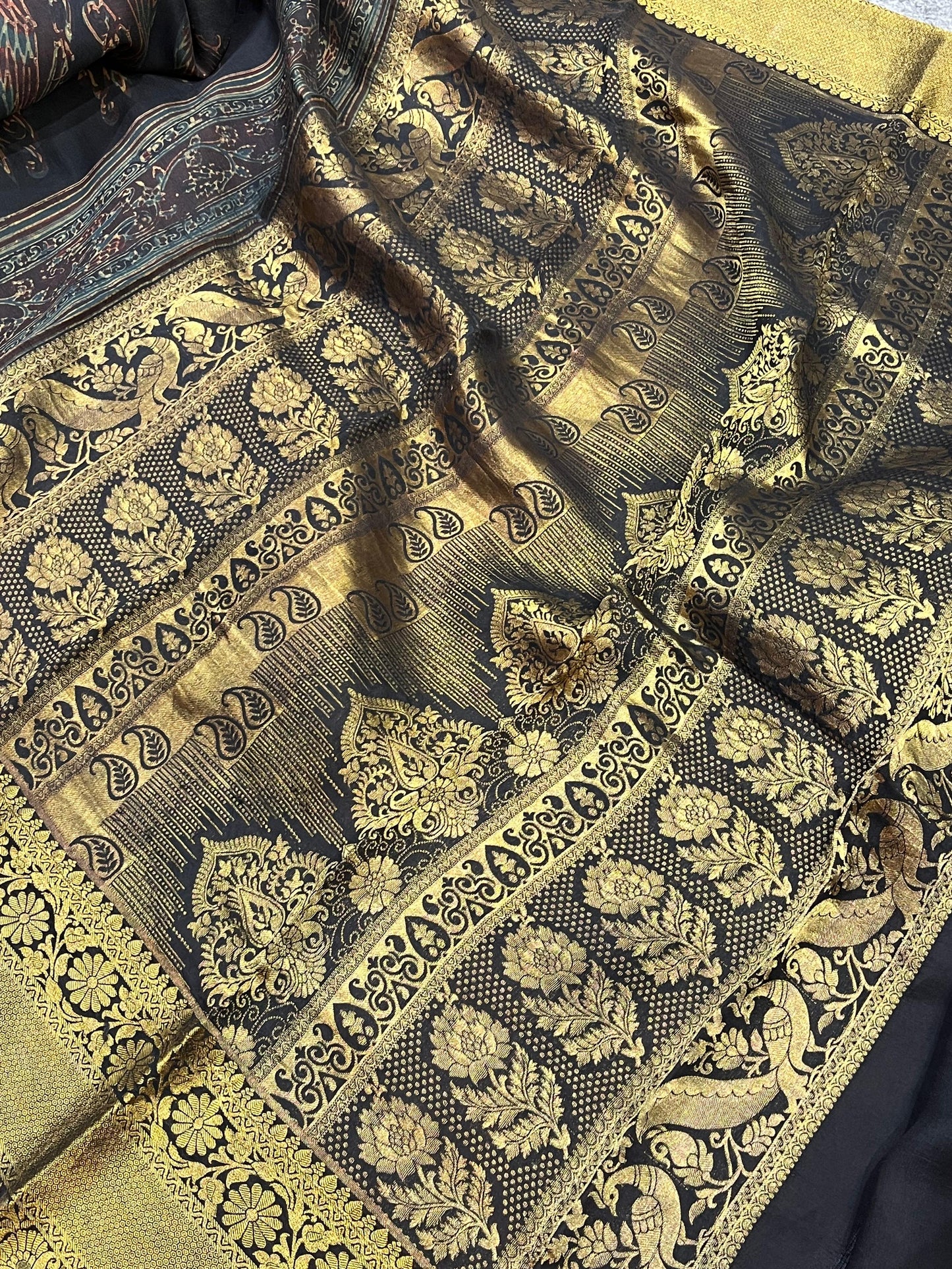 DEEP BLACK KANJIVARAM SILK PURE HANDLOOM AJRAKH HANDBLOCK PRINT NATURAL DYE