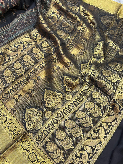 DEEP BLACK KANJIVARAM SILK PURE HANDLOOM AJRAKH HANDBLOCK PRINT NATURAL DYE