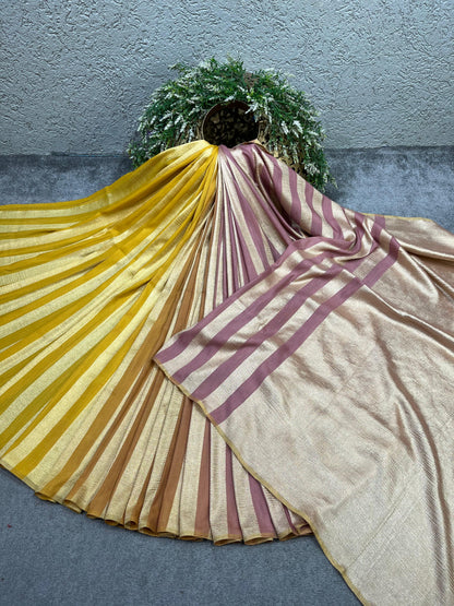 MUSTARD YELLOW BEIGE AND SOFT MAUVE PURE HANDLOOM MOONGA BANARASI SAREE