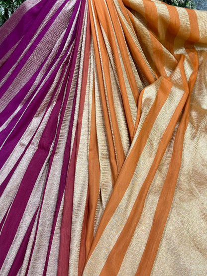 MAGENTA AND ORANGE PURE HANDLOOM MOONGA BANARASI SAREE
