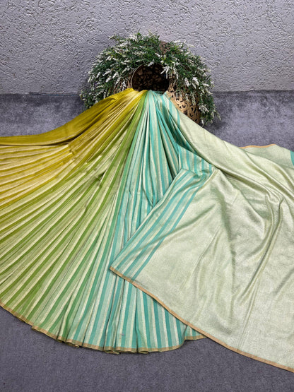 OLIVE GREEN LIME AND AQUA BLUE PURE HANDLOOM MOONGA BANARASI SAREE