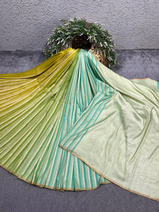OLIVE GREEN LIME AND AQUA BLUE PURE HANDLOOM MOONGA BANARASI SAREE